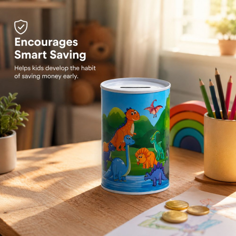 Dinosaur-Themed Metal Piggy Bank with Colorful Illustration