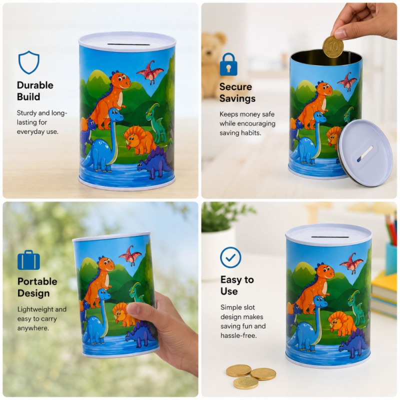 Dinosaur-Themed Metal Piggy Bank with Colorful Illustration