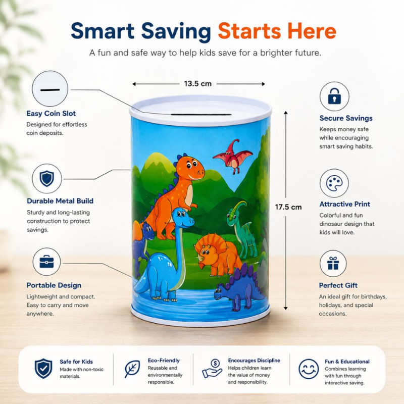 Dinosaur-Themed Metal Piggy Bank with Colorful Illustration