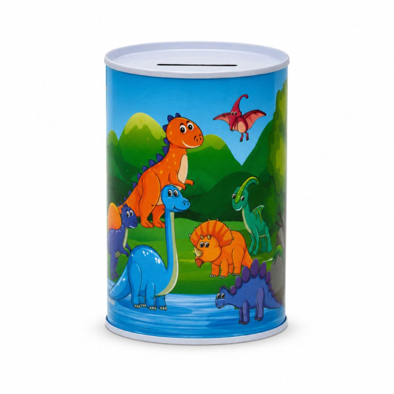 Dinosaur-Themed Metal Piggy Bank with Colorful Illustration