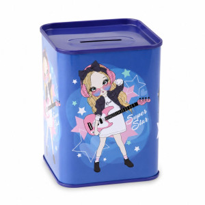 Charming Ultra-Durable Metal Savings Bank - Cartoon Girl Pattern, Square, 24x20cm Blue