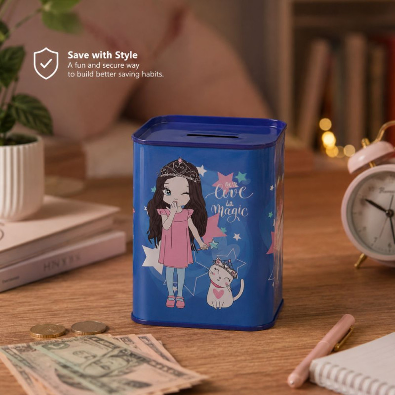 Charming Ultra-Durable Metal Savings Bank - Cartoon Girl Pattern, Square, 24x20cm Blue