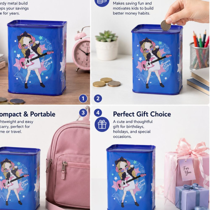 Charming Ultra-Durable Metal Savings Bank - Cartoon Girl Pattern, Square, 24x20cm Blue
