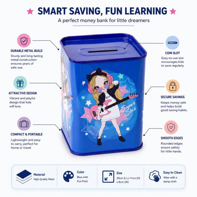 Charming Ultra-Durable Metal Savings Bank - Cartoon Girl Pattern, Square, 24x20cm Blue