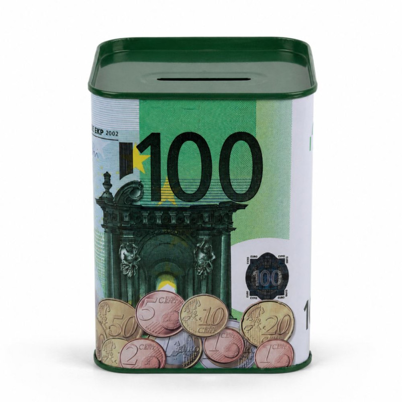 Luxury Tinplate 100 Euro Banknote Savings Bank - 11x8cm, White & Green