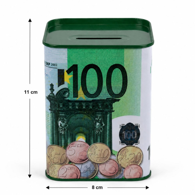 Luxury Tinplate 100 Euro Banknote Savings Bank - 11x8cm, White & Green
