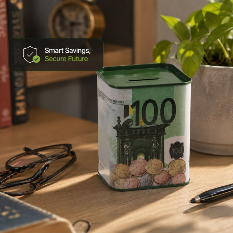 Luxury Tinplate 100 Euro Banknote Savings Bank - 11x8cm, White & Green