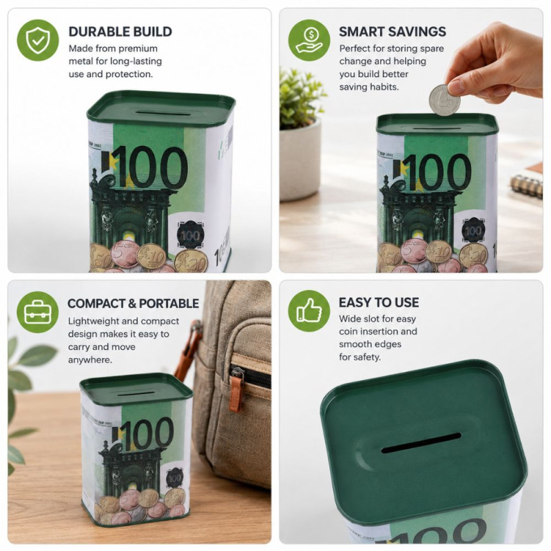 Luxury Tinplate 100 Euro Banknote Savings Bank - 11x8cm, White & Green