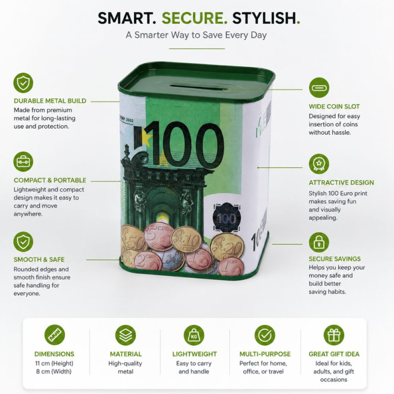 Luxury Tinplate 100 Euro Banknote Savings Bank - 11x8cm, White & Green