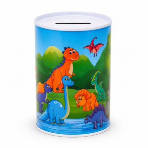 Dinosaur-Themed Metal Piggy Bank with Colorful Illustration – 16 x 12 cm – Blue & Green