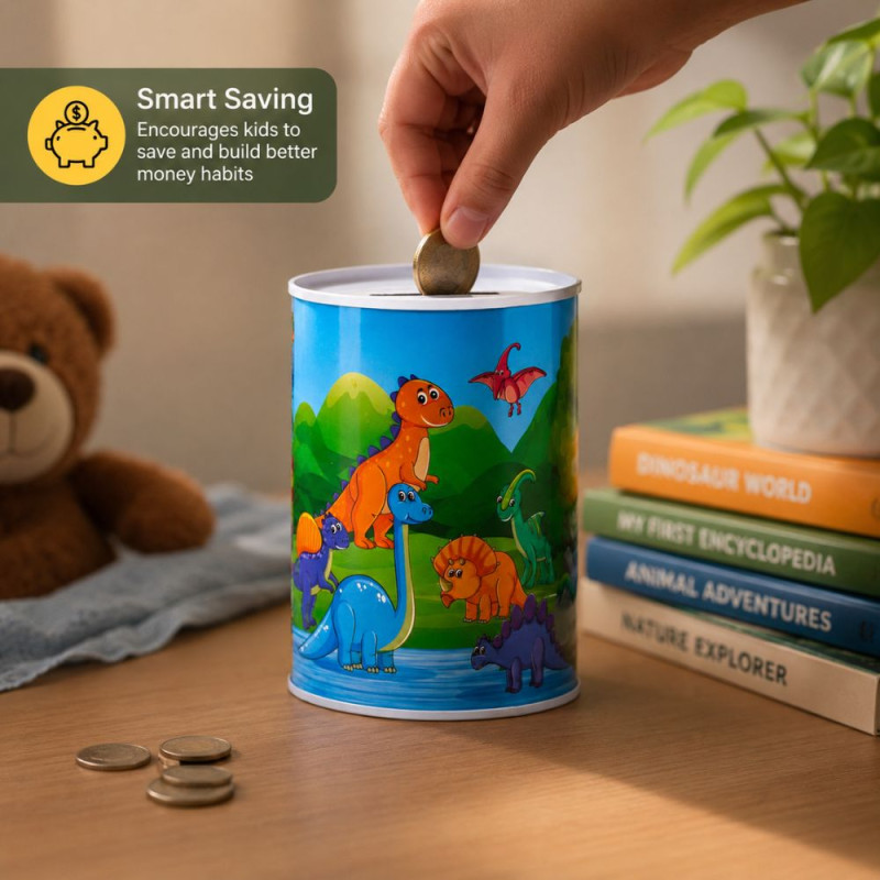 Dinosaur-Themed Metal Piggy Bank with Colorful Illustration – 16 x 12 cm – Blue &amp; Green