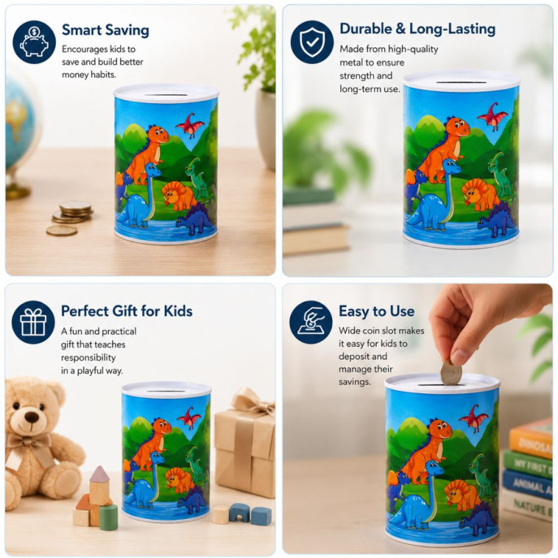 Dinosaur-Themed Metal Piggy Bank with Colorful Illustration – 16 x 12 cm – Blue &amp; Green