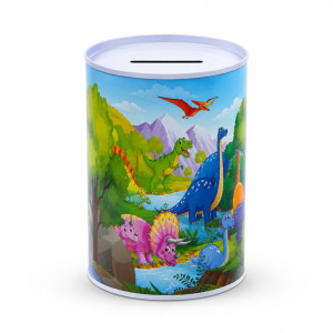 Dinosaur-Themed Metal Piggy Bank with Colorful Illustration – 14.5 x 10 cm – Blue & Green
