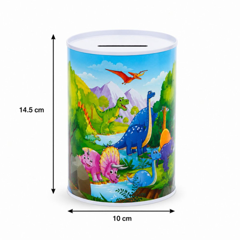 Dinosaur-Themed Metal Piggy Bank with Colorful Illustration – 14.5 x 10 cm – Blue &amp; Green