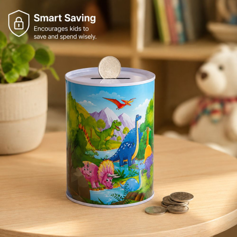 Dinosaur-Themed Metal Piggy Bank with Colorful Illustration – 14.5 x 10 cm – Blue &amp; Green