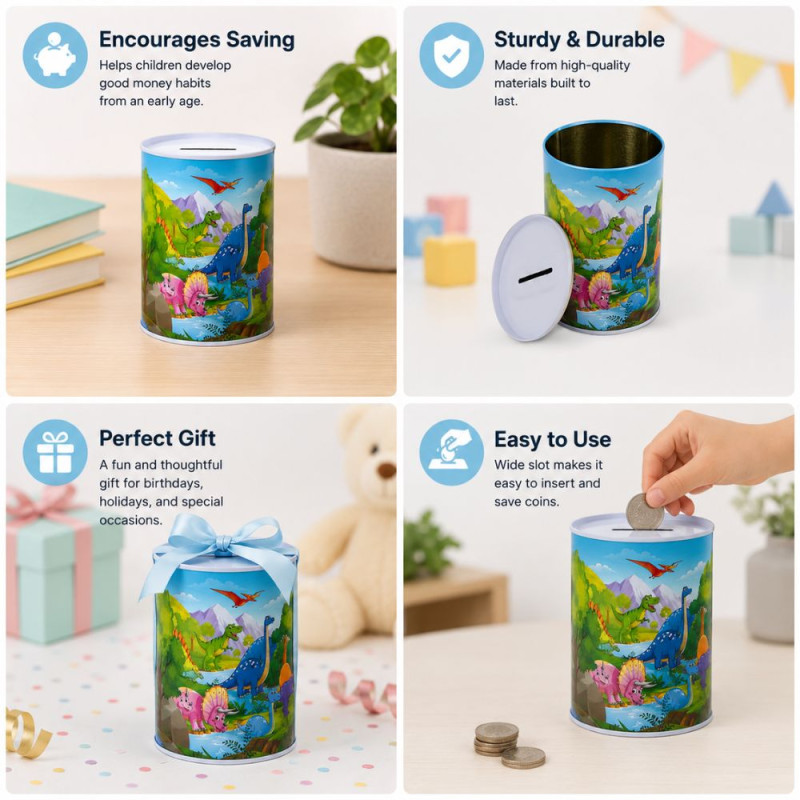 Dinosaur-Themed Metal Piggy Bank with Colorful Illustration – 14.5 x 10 cm – Blue &amp; Green