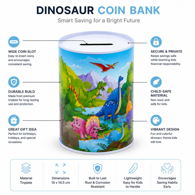 Dinosaur-Themed Metal Piggy Bank with Colorful Illustration – 14.5 x 10 cm – Blue &amp; Green