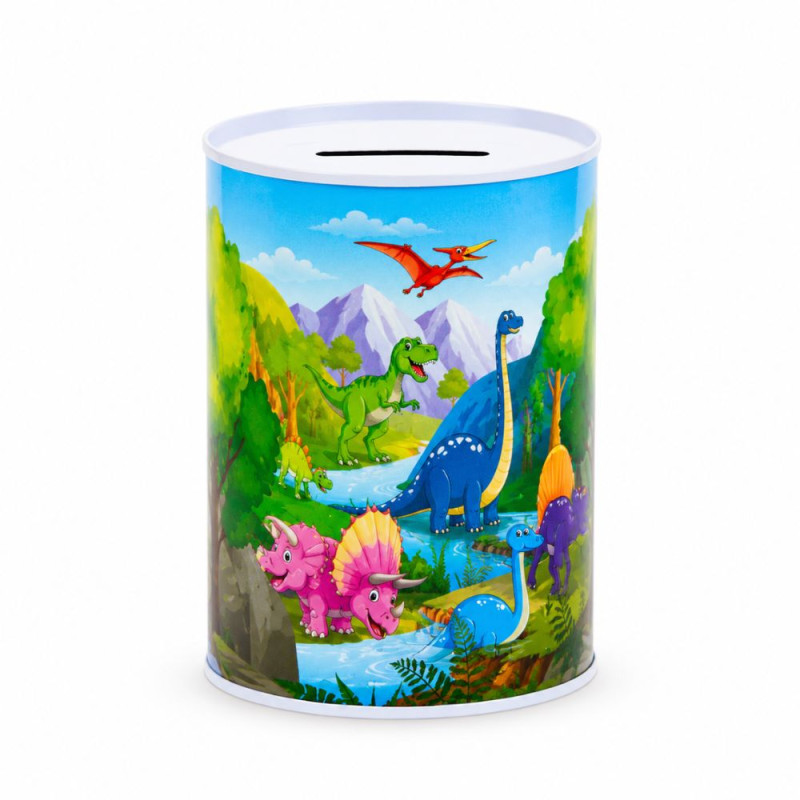 Dinosaur-Themed Metal Piggy Bank with Colorful Illustration – 13.1 x 9.1 cm – Blue & Green