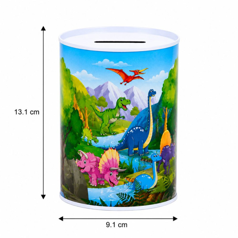 Dinosaur-Themed Metal Piggy Bank with Colorful Illustration – 13.1 x 9.1 cm – Blue & Green