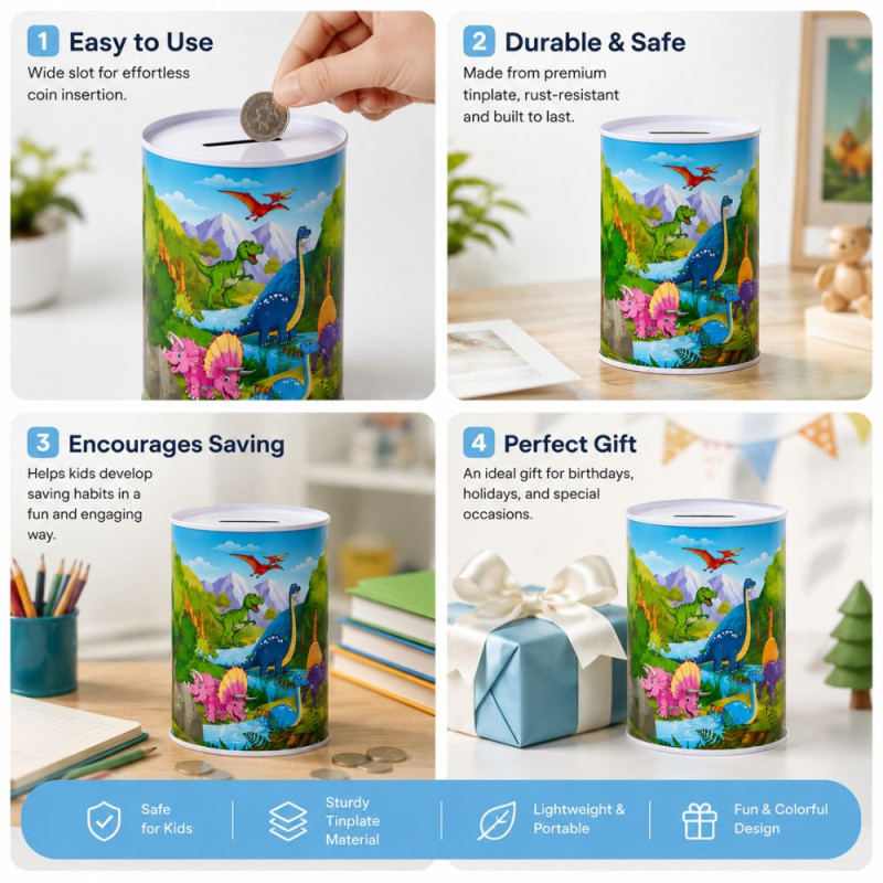 Dinosaur-Themed Metal Piggy Bank with Colorful Illustration – 13.1 x 9.1 cm – Blue & Green