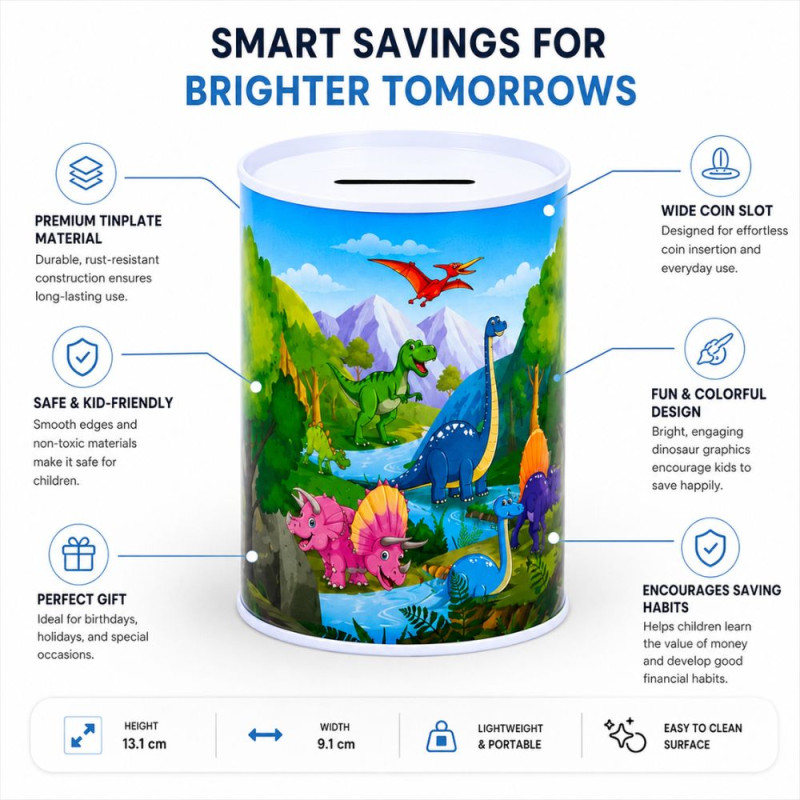 Dinosaur-Themed Metal Piggy Bank with Colorful Illustration – 13.1 x 9.1 cm – Blue & Green