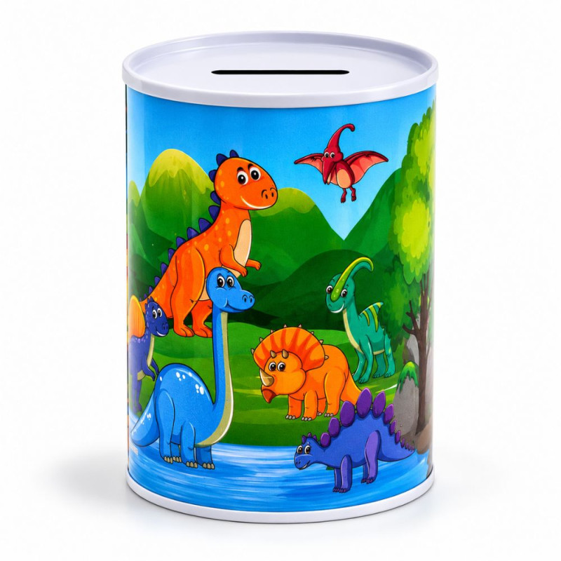 Dinosaur-Themed Metal Piggy Bank with Colorful Illustration – 12.3 x 8 cm – Blue & Green
