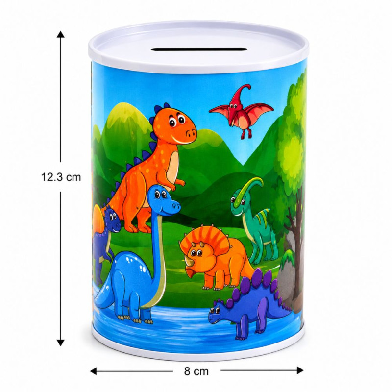 Dinosaur-Themed Metal Piggy Bank with Colorful Illustration – 12.3 x 8 cm – Blue & Green