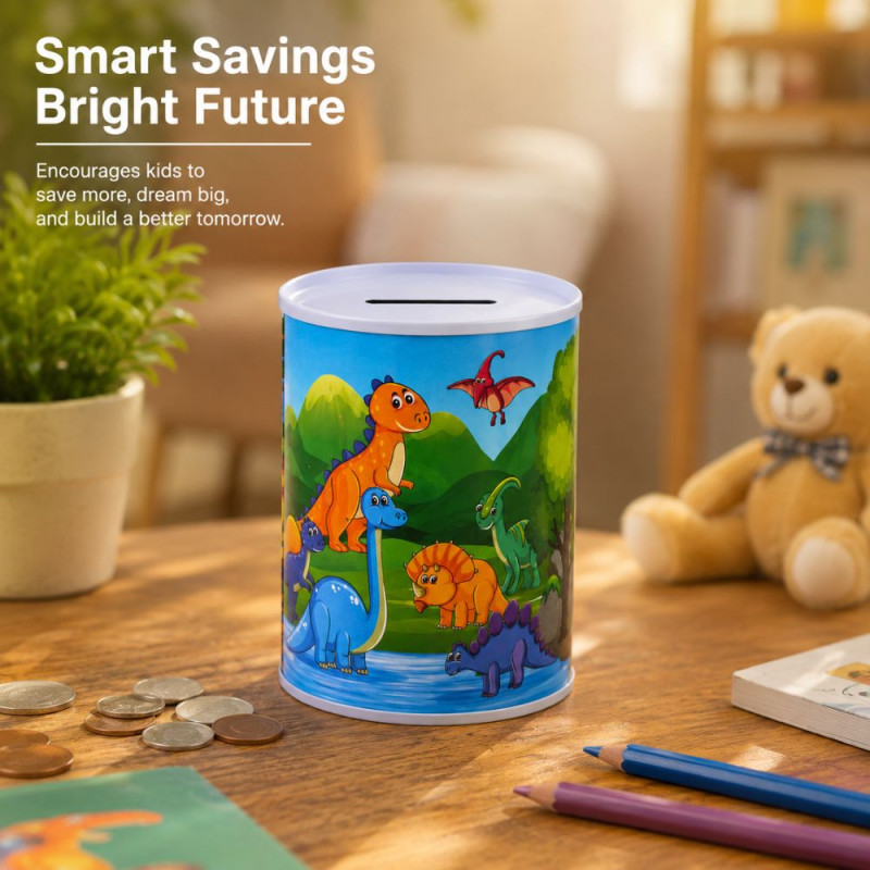 Dinosaur-Themed Metal Piggy Bank with Colorful Illustration – 12.3 x 8 cm – Blue & Green