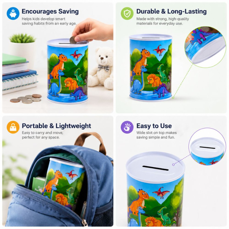 Dinosaur-Themed Metal Piggy Bank with Colorful Illustration – 12.3 x 8 cm – Blue & Green