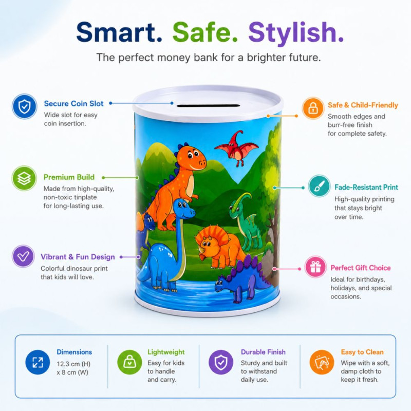 Dinosaur-Themed Metal Piggy Bank with Colorful Illustration – 12.3 x 8 cm – Blue & Green