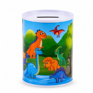 Dinosaur-Themed Metal Piggy Bank with Colorful Illustration – 10.5 x 7 cm – Blue & Green