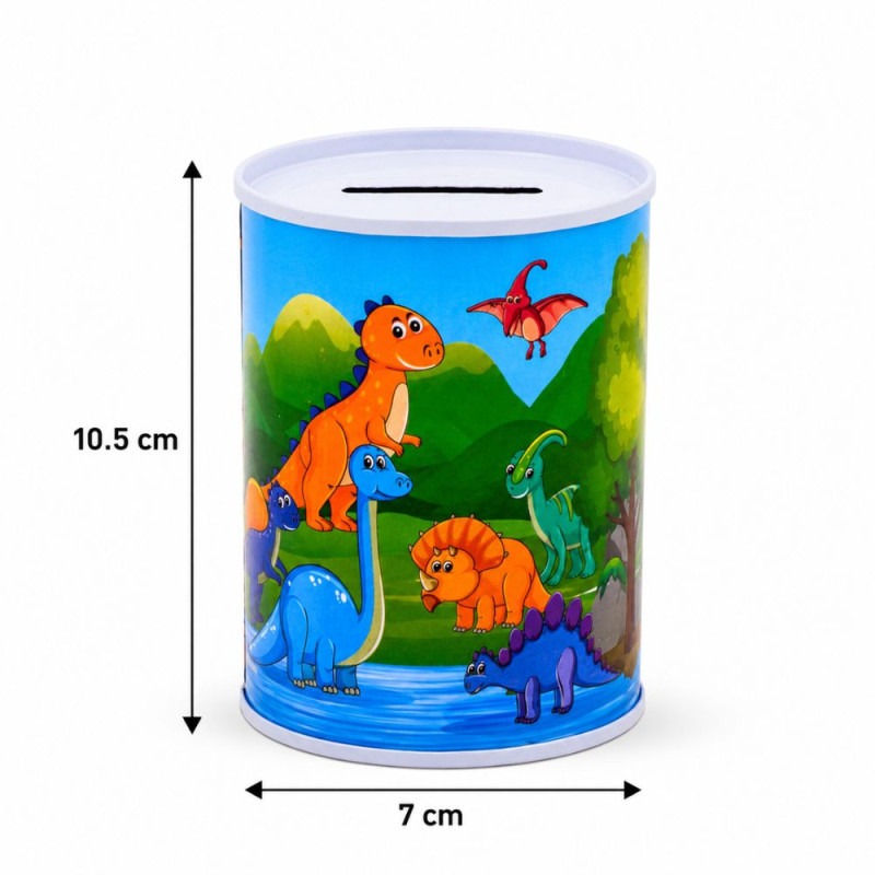 Dinosaur-Themed Metal Piggy Bank with Colorful Illustration – 10.5 x 7 cm – Blue & Green