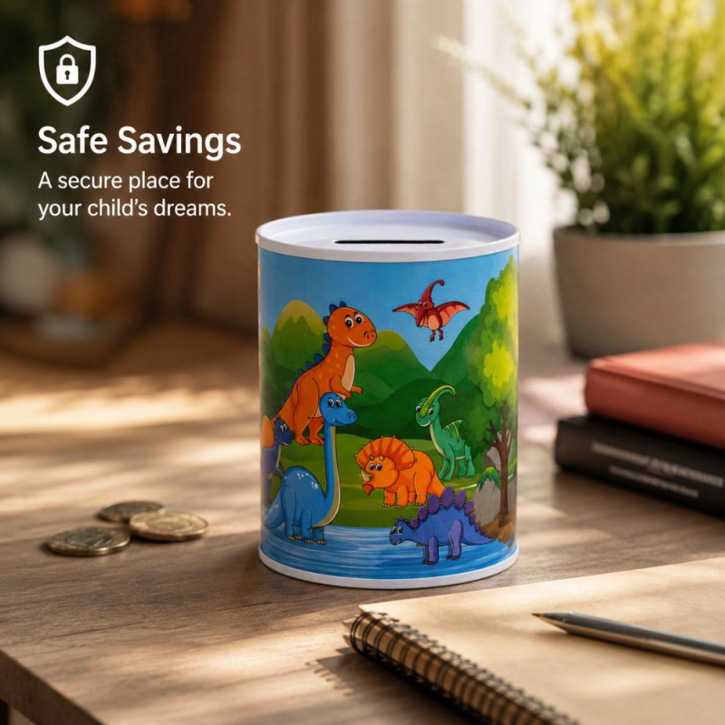 Dinosaur-Themed Metal Piggy Bank with Colorful Illustration – 10.5 x 7 cm – Blue & Green