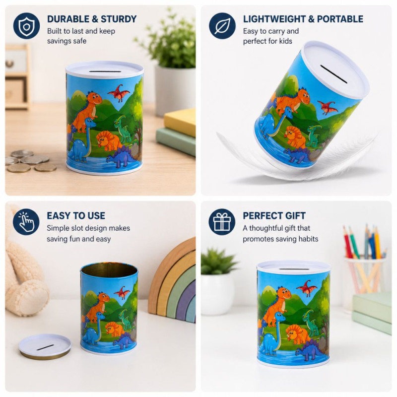 Dinosaur-Themed Metal Piggy Bank with Colorful Illustration – 10.5 x 7 cm – Blue & Green