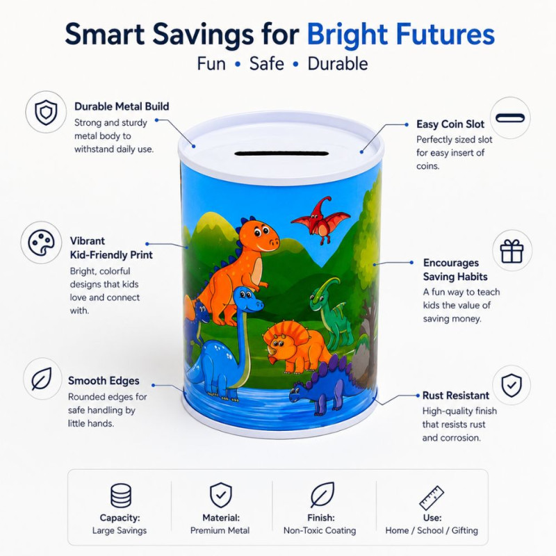 Dinosaur-Themed Metal Piggy Bank with Colorful Illustration – 10.5 x 7 cm – Blue & Green