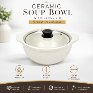 Elite white ceramic serving bowl with a patterned exterior and a glass lid – OFF White (25 x 20 x 9.5cm) Elite white ceramic serving bowl with a patterned exterior and a glass lid – OFF White (25 x 20 x 9.5cm)