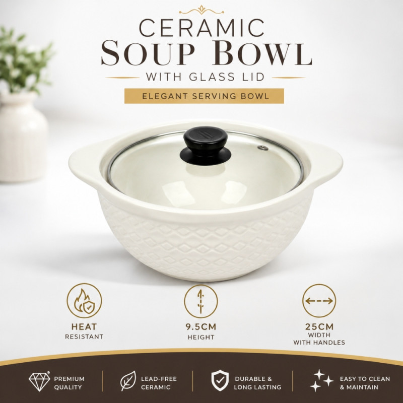 Elite white ceramic serving bowl with a patterned exterior and a glass lid – OFF White (25 x 20 x 9.5cm)
