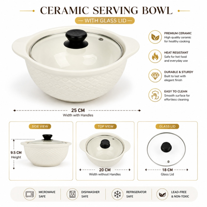 Elite white ceramic serving bowl with a patterned exterior and a glass lid – OFF White (25 x 20 x 9.5cm)