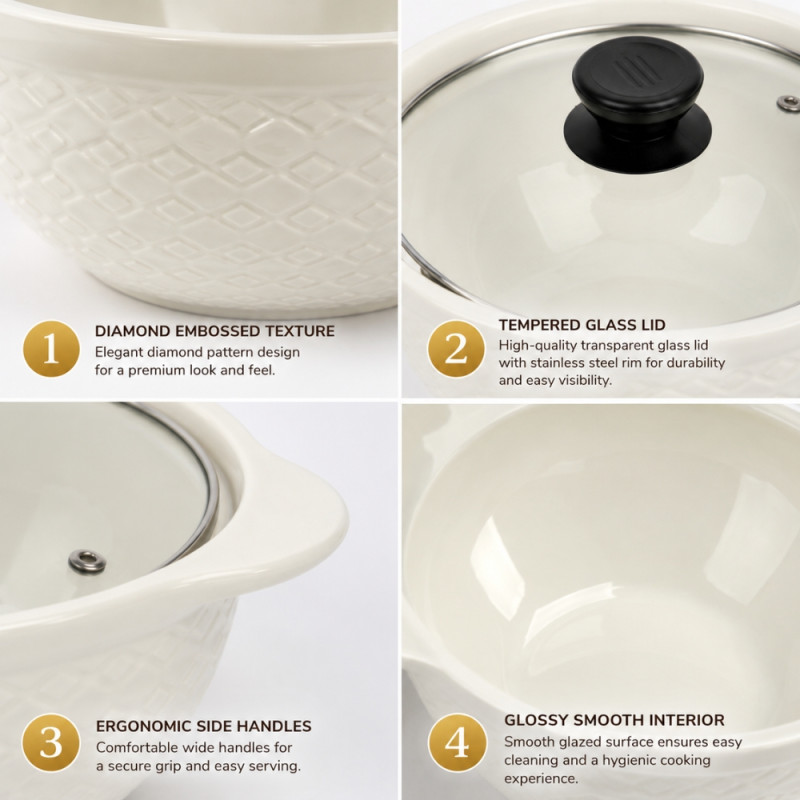 Elite white ceramic serving bowl with a patterned exterior and a glass lid – OFF White (25 x 20 x 9.5cm)