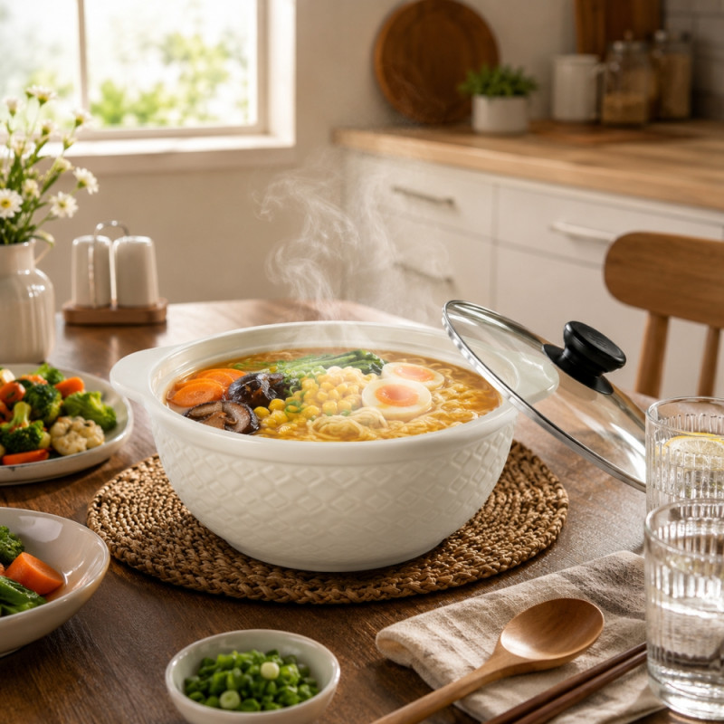 Elite white ceramic serving bowl with a patterned exterior and a glass lid – OFF White (25 x 20 x 9.5cm)