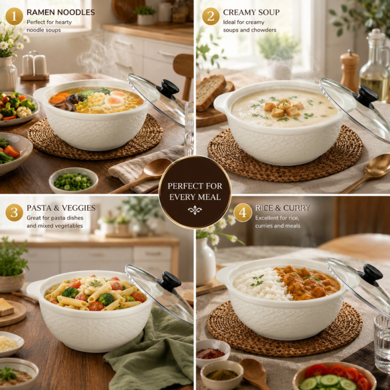 Elite white ceramic serving bowl with a patterned exterior and a glass lid – OFF White (25 x 20 x 9.5cm)