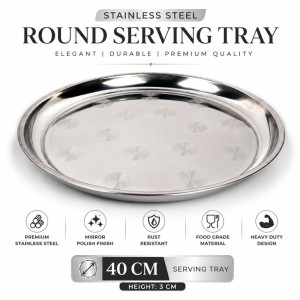 Stainless Steel Round Serving Tray – Mirror Polish Silver (40 x 3cm)