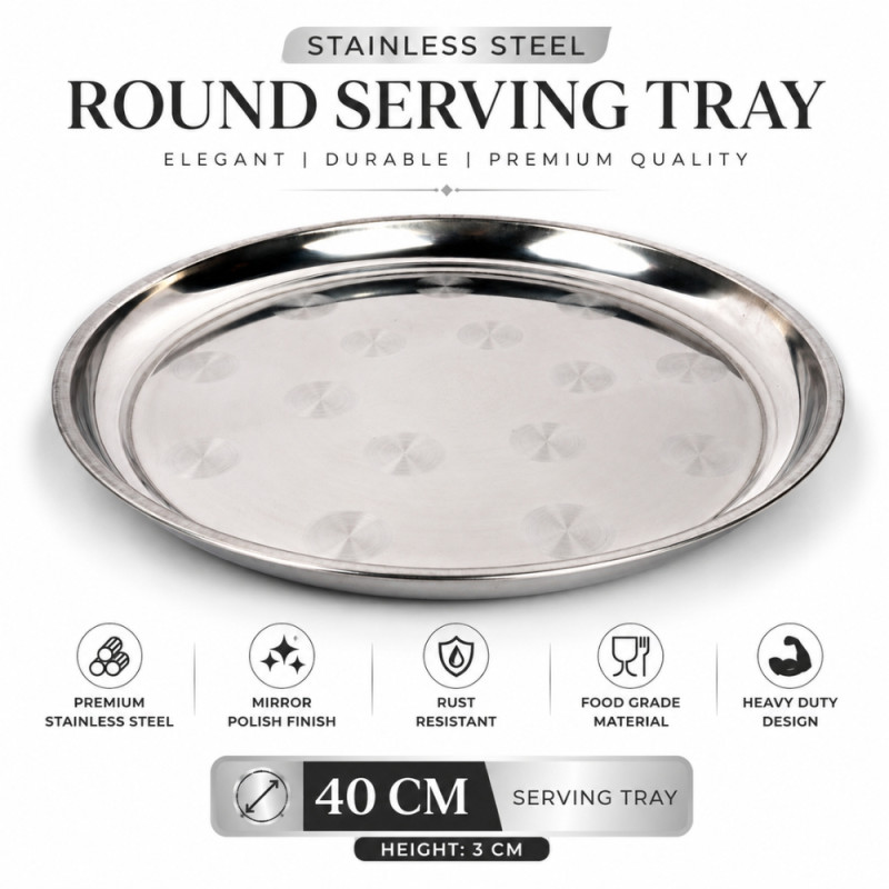 Stainless Steel Round Serving Tray – Mirror Polish Silver (40 x 3cm)