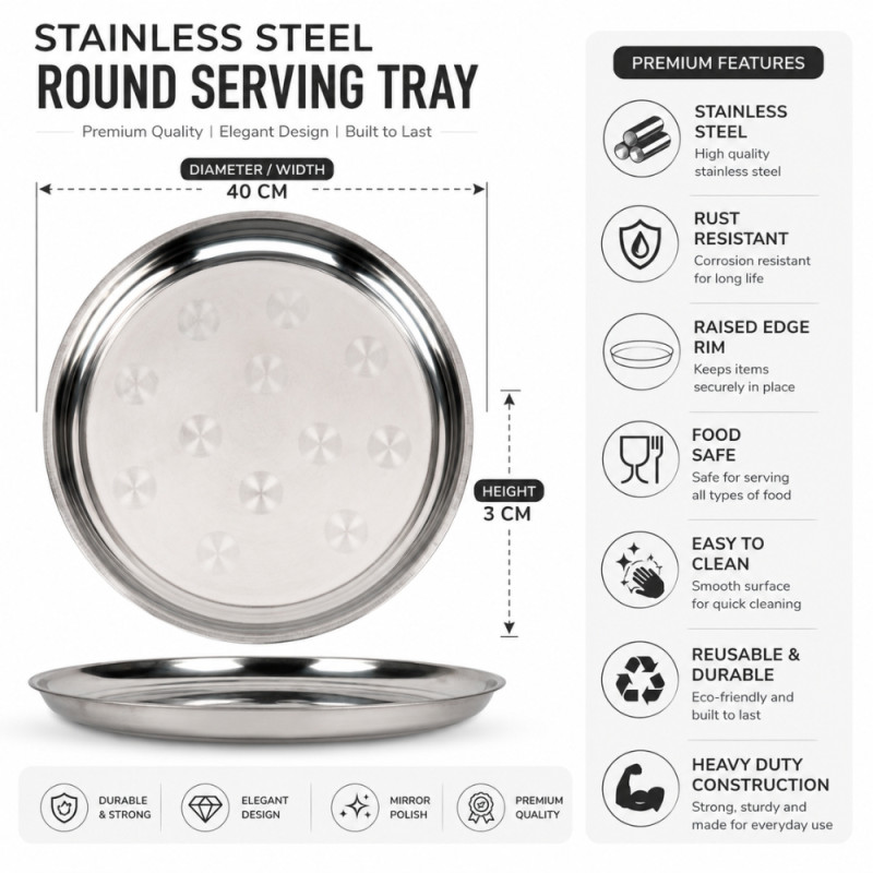 Stainless Steel Round Serving Tray – Mirror Polish Silver (40 x 3cm)