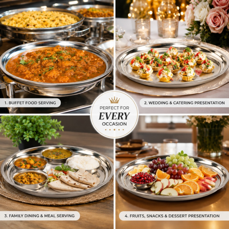 Stainless Steel Round Serving Tray – Mirror Polish Silver (40 x 3cm)