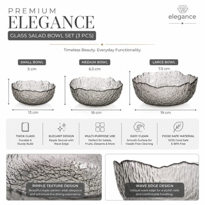 Elegant Premium Glass Serving Bowls with Textured Design and Wave Edges – Gray (3pcs)