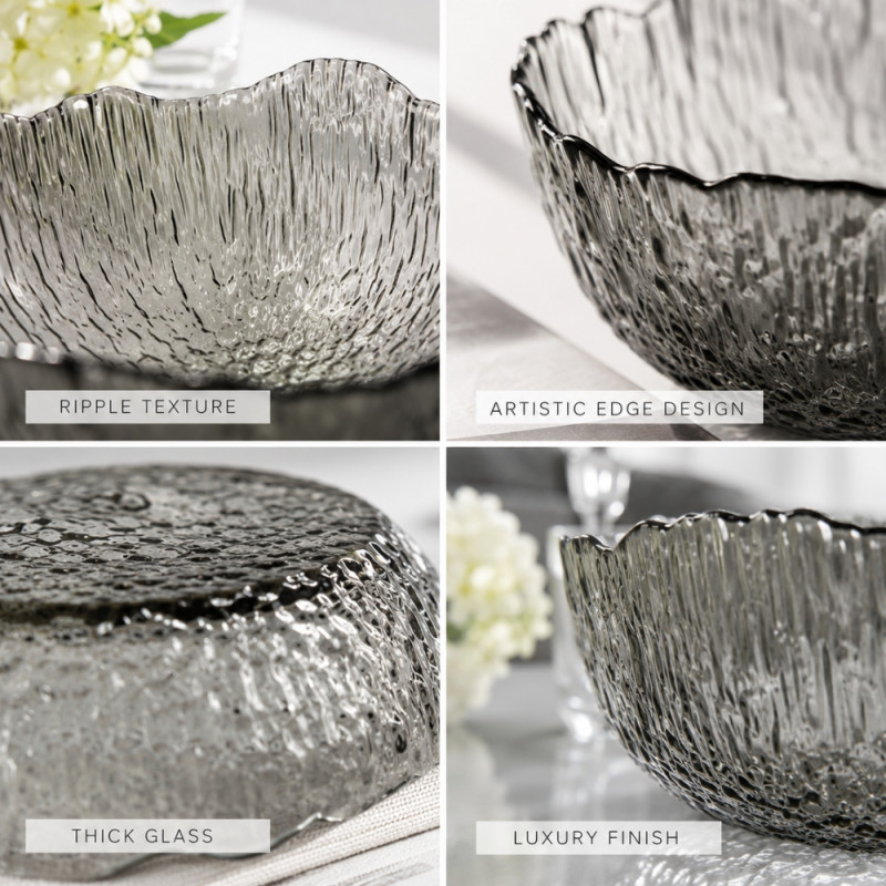 Elegant Premium Glass Serving Bowls with Textured Design and Wave Edges – Gray (3pcs)