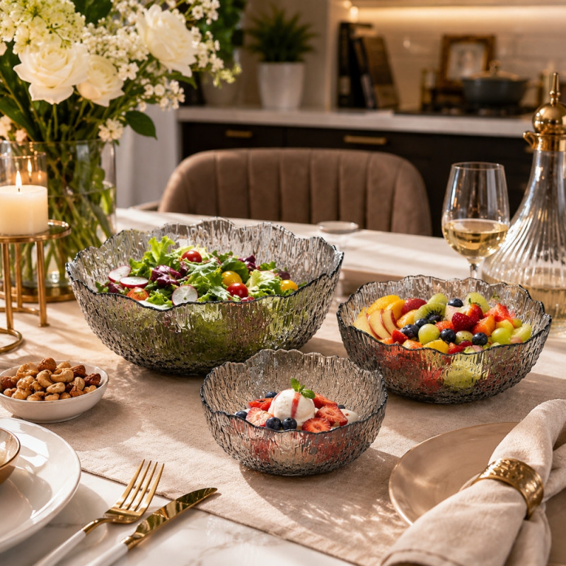 Elegant Premium Glass Serving Bowls with Textured Design and Wave Edges – Gray (3pcs)