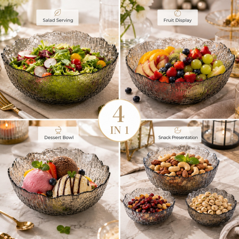 Elegant Premium Glass Serving Bowls with Textured Design and Wave Edges – Gray (3pcs)