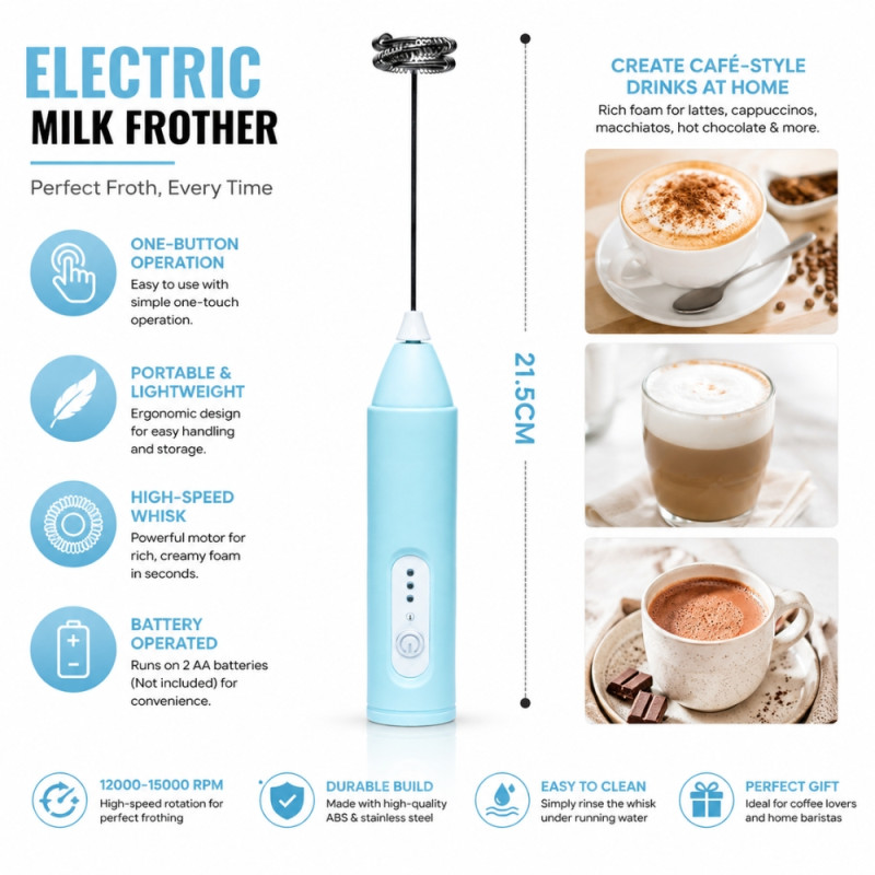 Disruptive USB-rechargeable electric milk frother with three adjustable speed settings – Aqua (21.5cm)